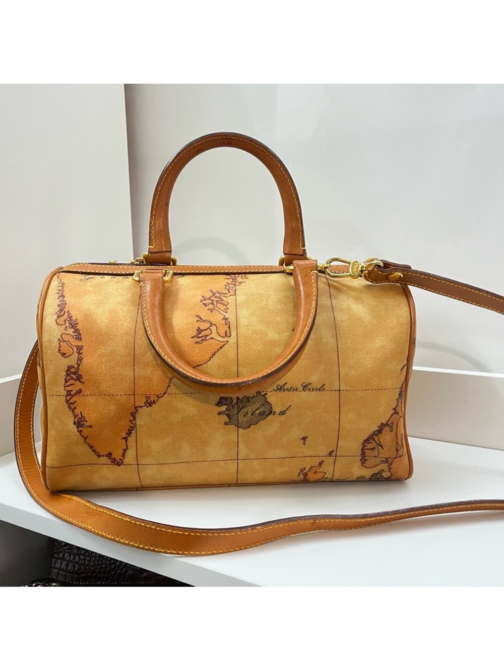 ALVIERO MARTINI Prima 1’ Classe Boston Speedy Map Leather Satchel Tote Crossbody